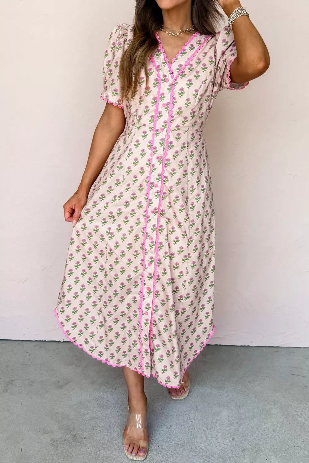 Floral Print V Neck Scallop Trim Button Front Short Sleeve Dress mysite idetrend
