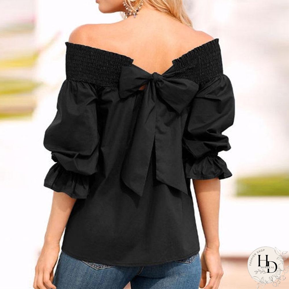 Women Sexy Off Shoulder Strapless Bowknot Slash Neck Shirts Casual Loose Plus Size Blouse Tops