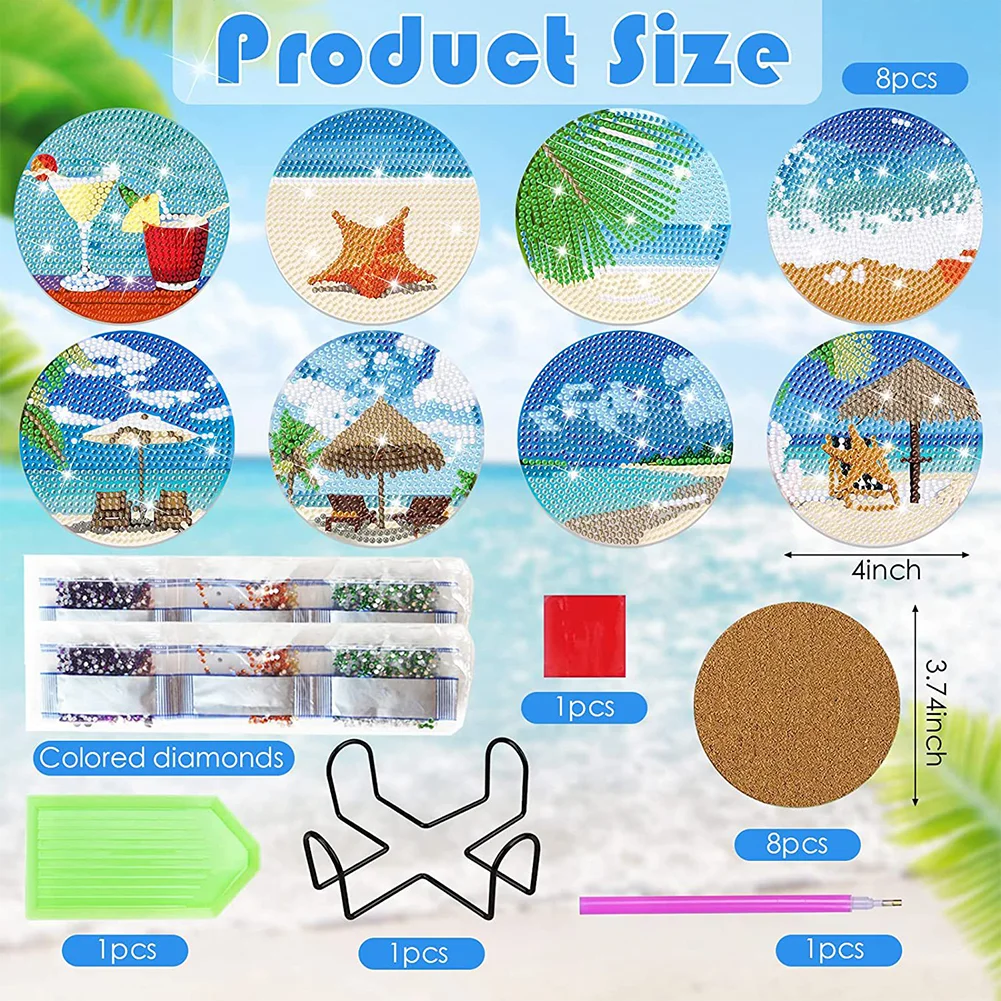 8pcs DIY Beach Holiday Diamond Painting Art Coaster Kit Acrylic Round Diamond Painting DIY Coaster