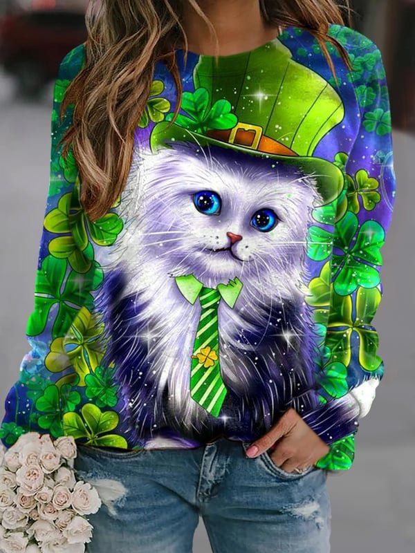 Women's Cat Clover Print Round Neck Long Sleeve Sweatshirt