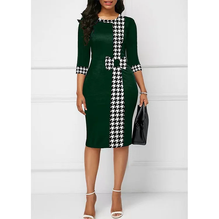 Houndstooth Print Bowknot Navy Knee Length Bodycon Dress