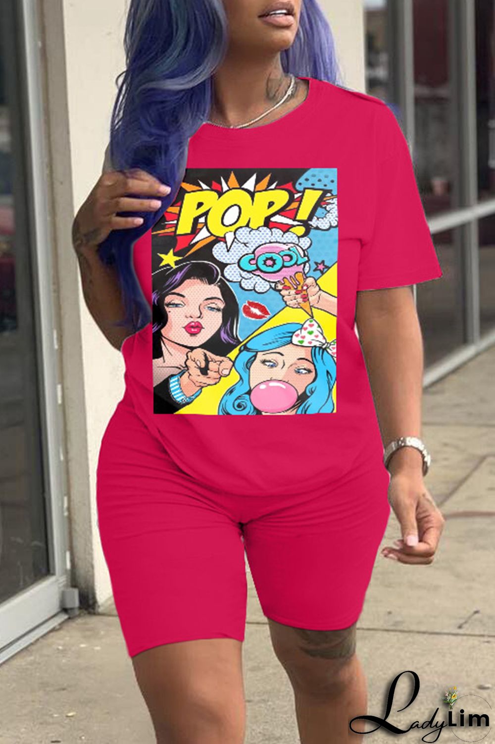 Fluorescent Green Fashion Casual Print Basic O Neck Short Sleeve Two Pieces