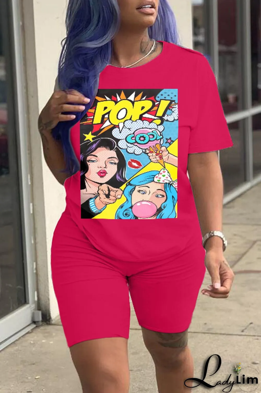 Fluorescent Green Fashion Casual Print Basic O Neck Short Sleeve Two Pieces