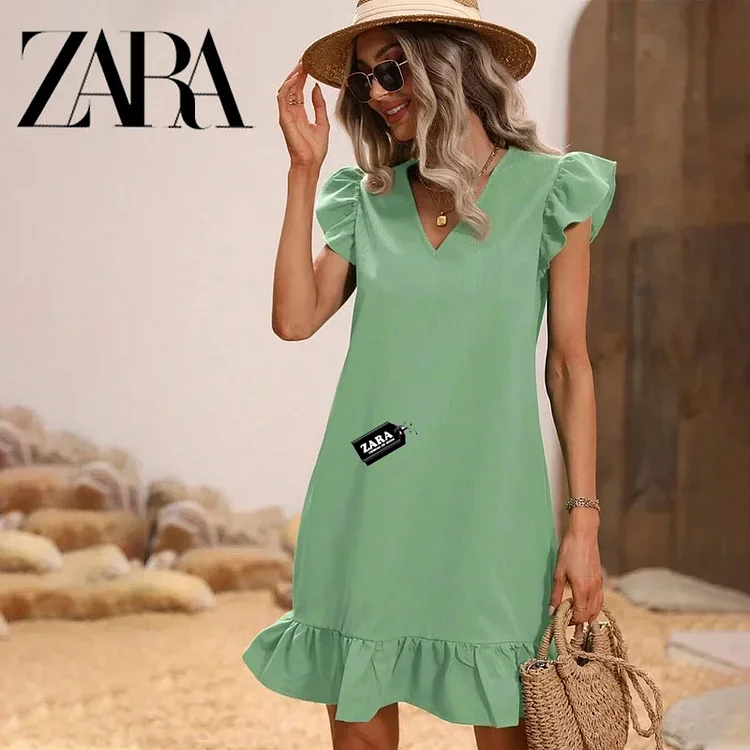 Gładka sukienka ZARA z szerokim dekoltem w kształcie litery V