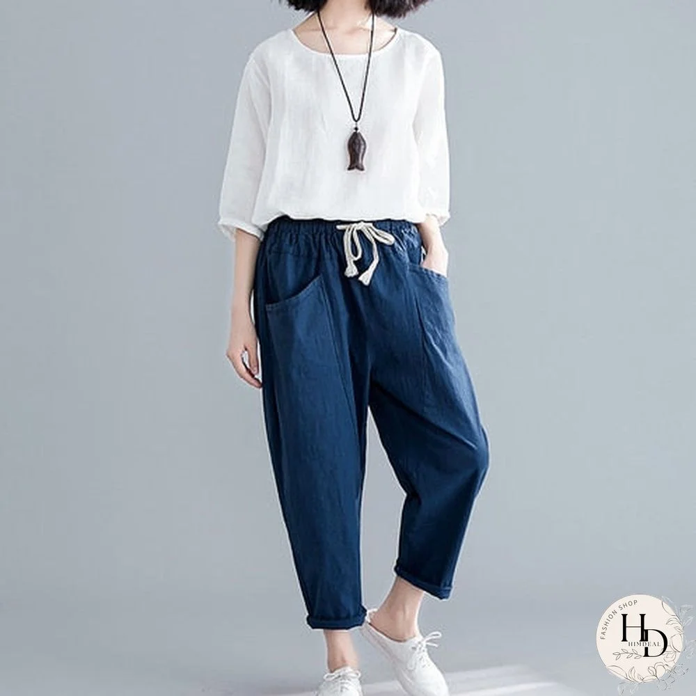 Cotton Linen Ankle-Length Pants Summer Women Capris Pants Drawstring Loose High Waisted Trousers Linens Women'S Harem Pants