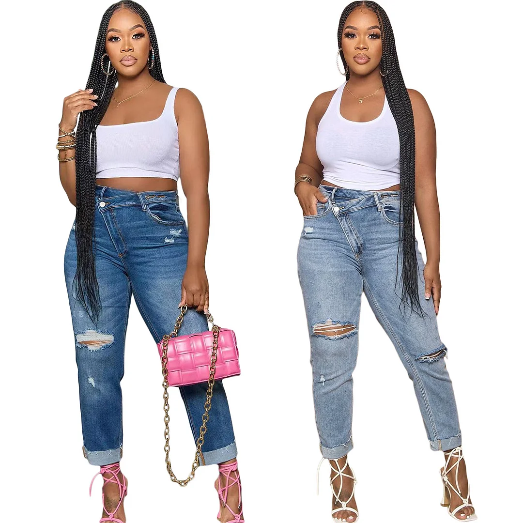New Style Women's Personalized Ripped Diagonal Zipper Jeans | IFYHOME