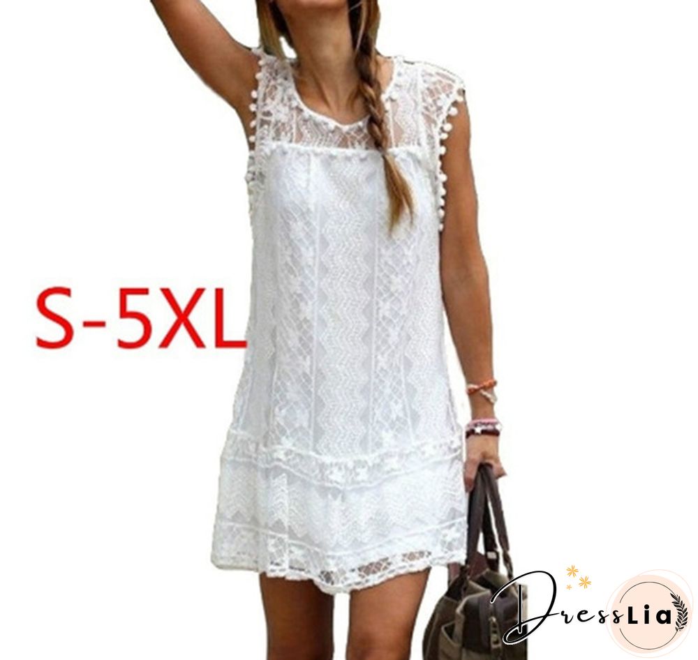 Summer dresses for women Summer Dress Fashion Sexy Women Casual Sleeveless Beach Short Tassel Solid White Mini Lace Vestidos Plus Size(S-5XL)