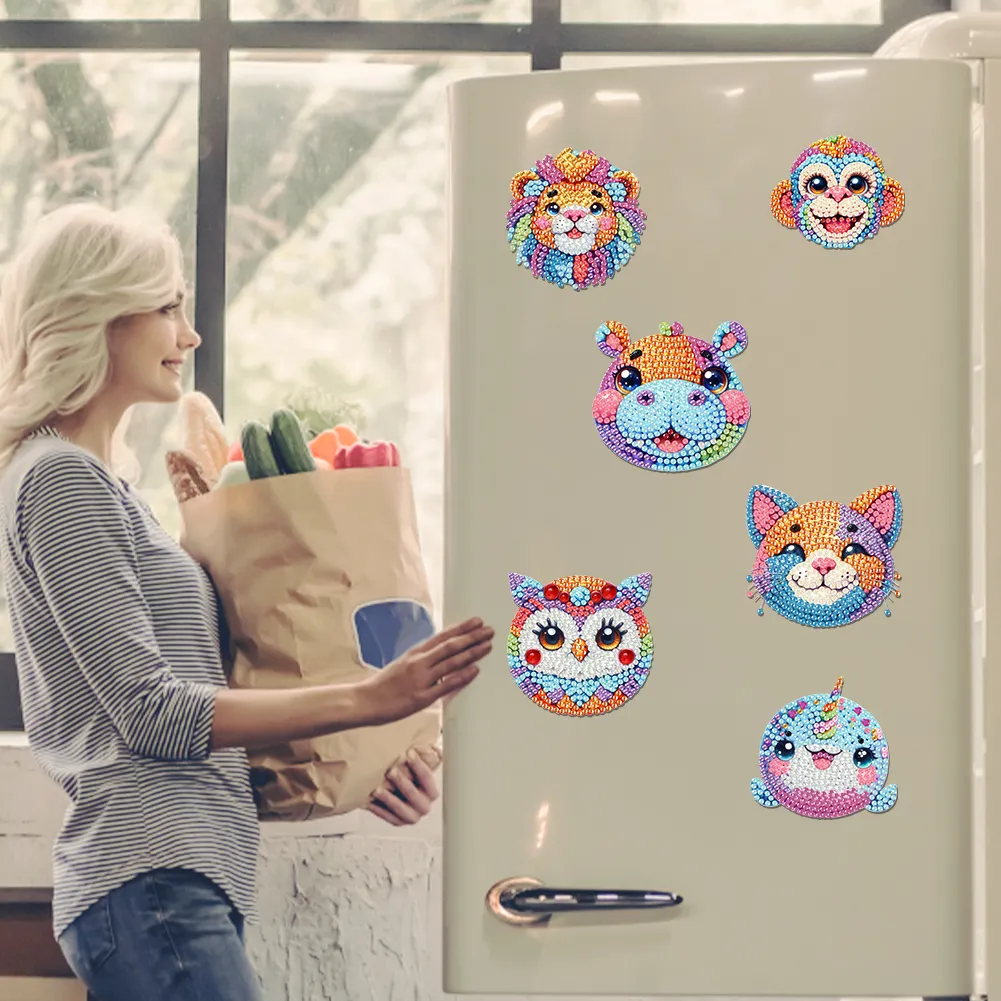 6Pcs Animal Head Acrylic Diamond Painting Art Fridge Magnet for Adults Beginners