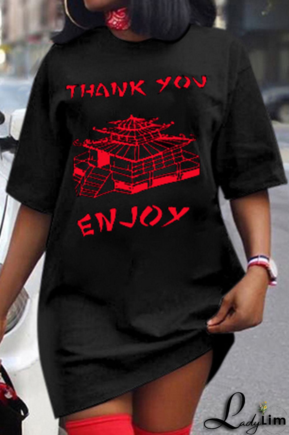 Black Fashion Casual Print Basic O Neck Short Sleeve Dress