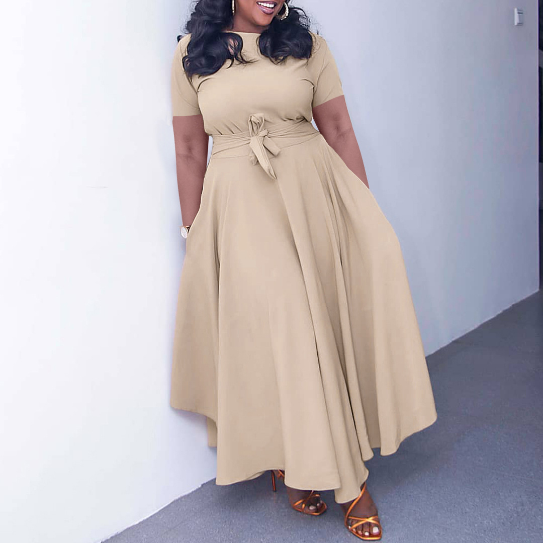 Women's Summer Fashion Chic Solid Short Sleeve A-Line Africa Plus Size Dress