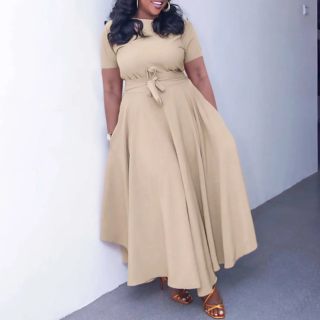 Women's Summer Fashion Chic Solid Short Sleeve A-Line Africa Plus Size Dress