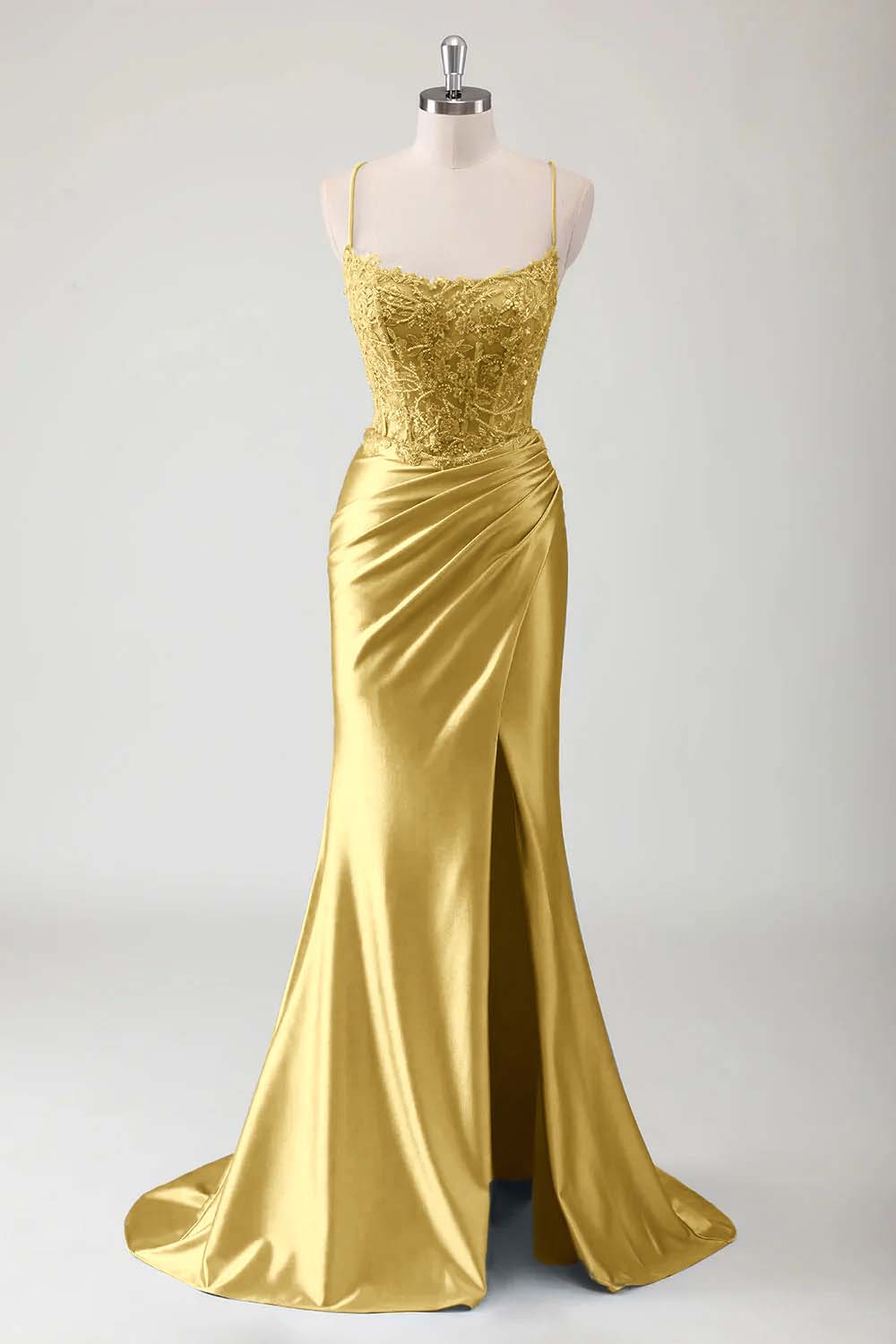 Hidais Spaghetti Strap Sleeveless Long High Split Prom Dress With Appliques