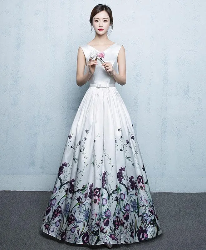White Floral Pattern Long Prom Dress, White Evening Dress