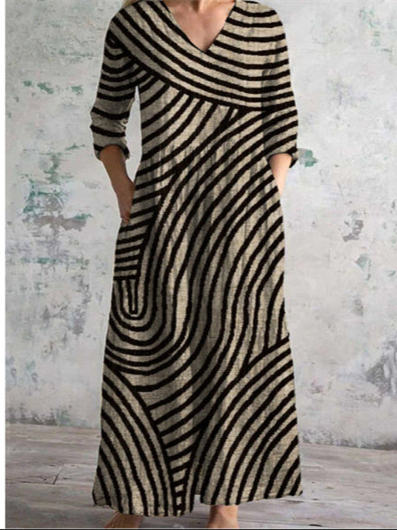 Women's 3/4 Sleeve V-neck Floral Printed Midi Dress