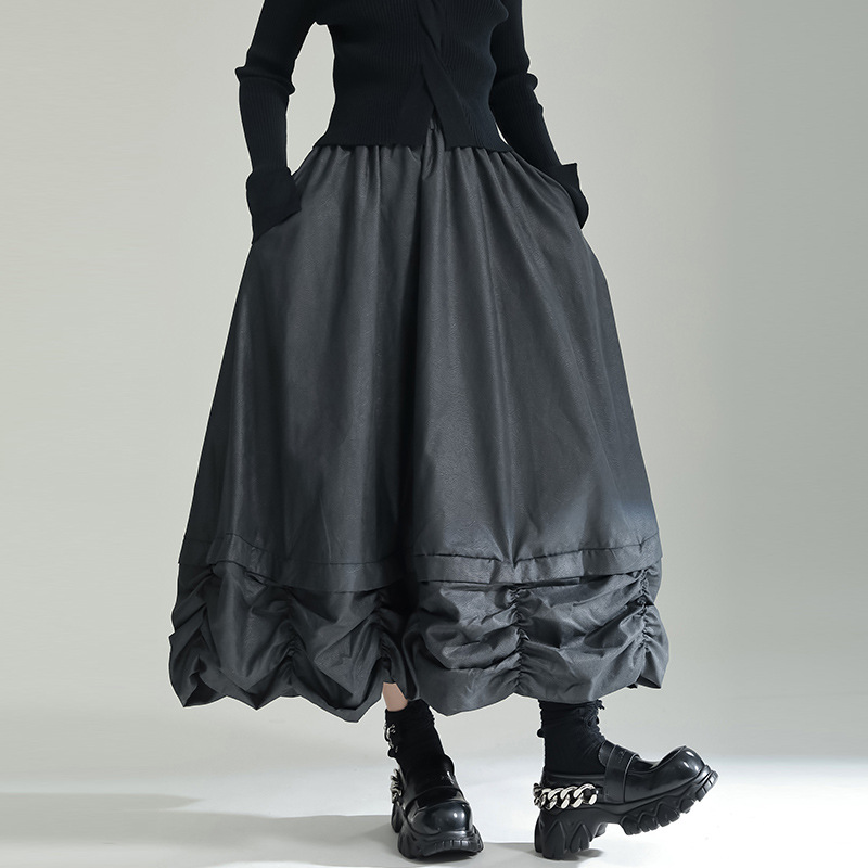 Loose Solid Color Pleated Elastic Waist Skirt