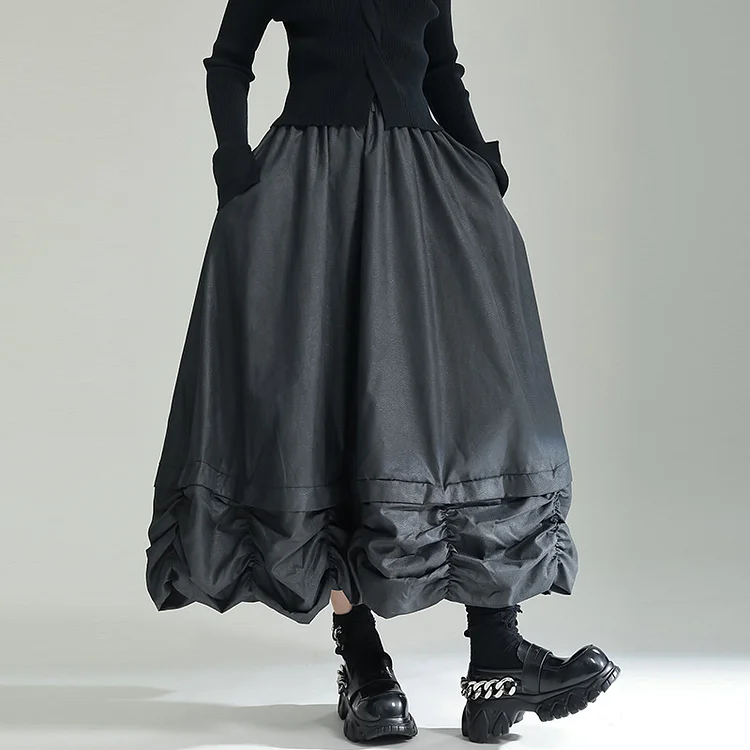 Loose Solid Color Pleated Elastic Waist Skirt