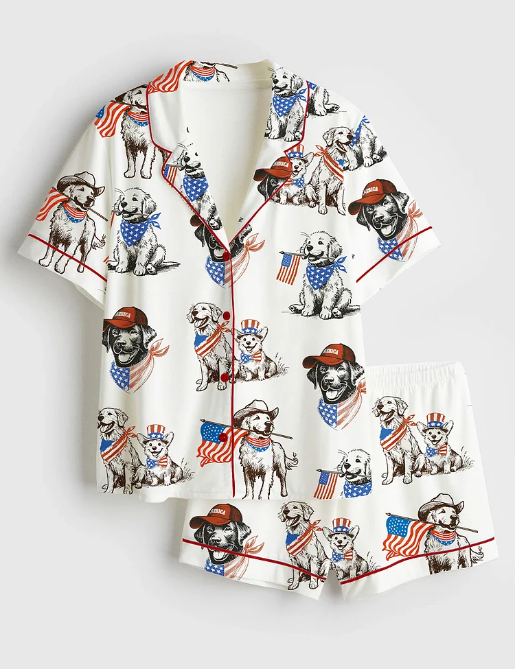 Women&rsquo;s American Pride Pooch Western Patriotic Dog 4th Of July Print Short Sleeve Satin Pajama Set