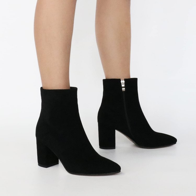 75mm Women's Zipper Pointed Toe Chunky Heel Ankle Boots Suede