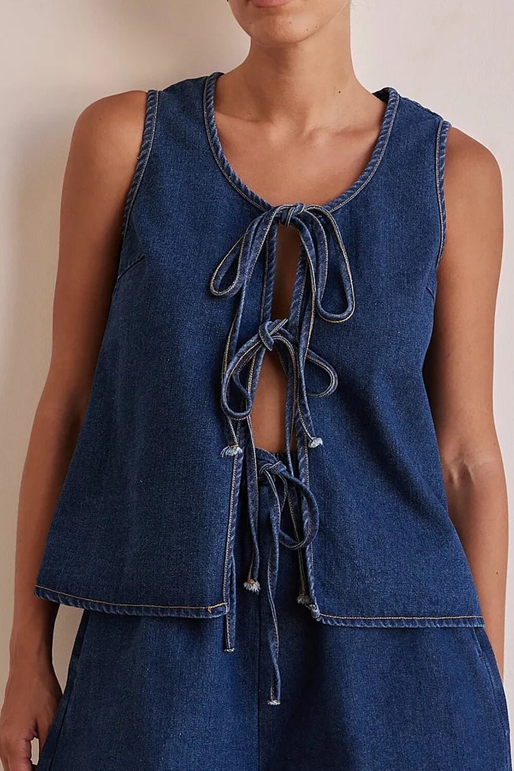 Denim U Neck Front Tie Up Vest High Waist Shorts Casual 2pcs Set-Navy