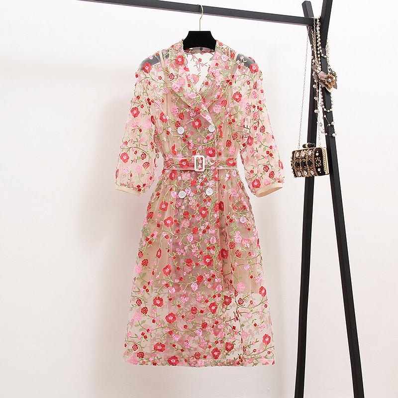 2020 New arrive Runway summer Flower Embroidery Overlay Trench Coat Women Notched Lantern Sleeve Belt Mesh Long Coat Outerwear