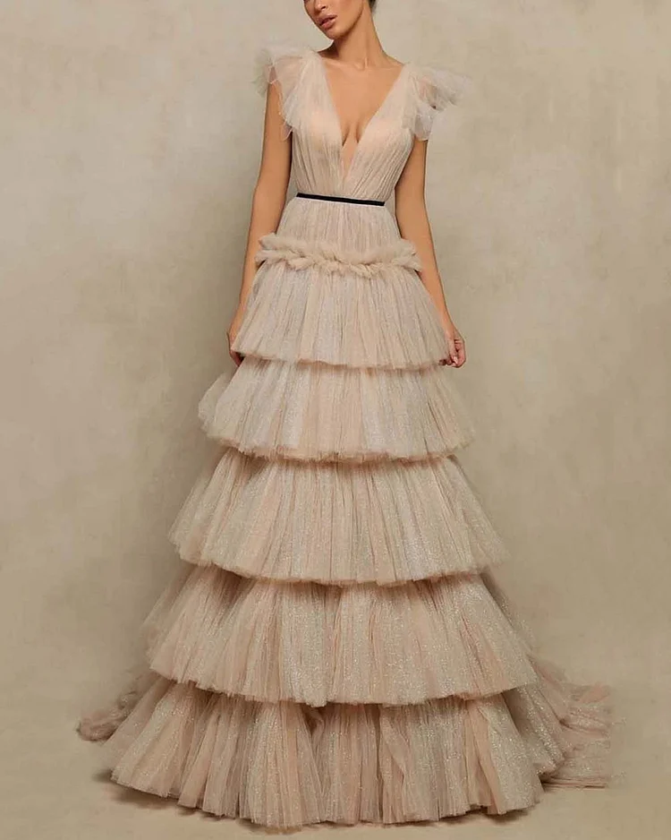 Deep V Neck Tiered Tulle Dress Gown