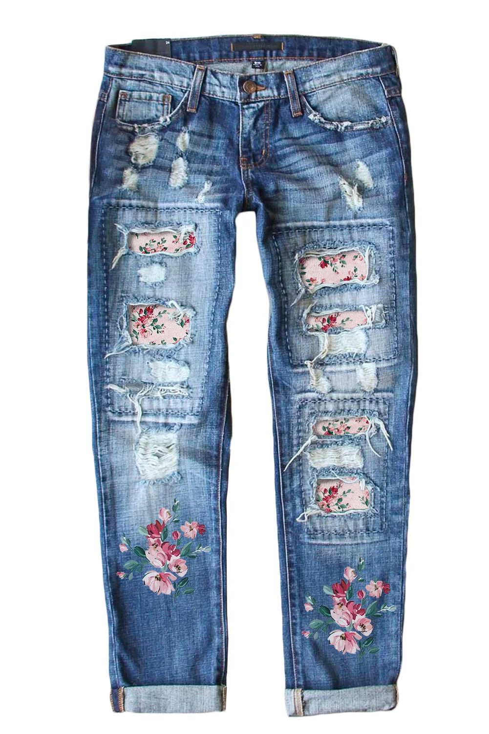 Sky Blue Flower Pattern Patchwork Slim Fit Distressed Jeans
