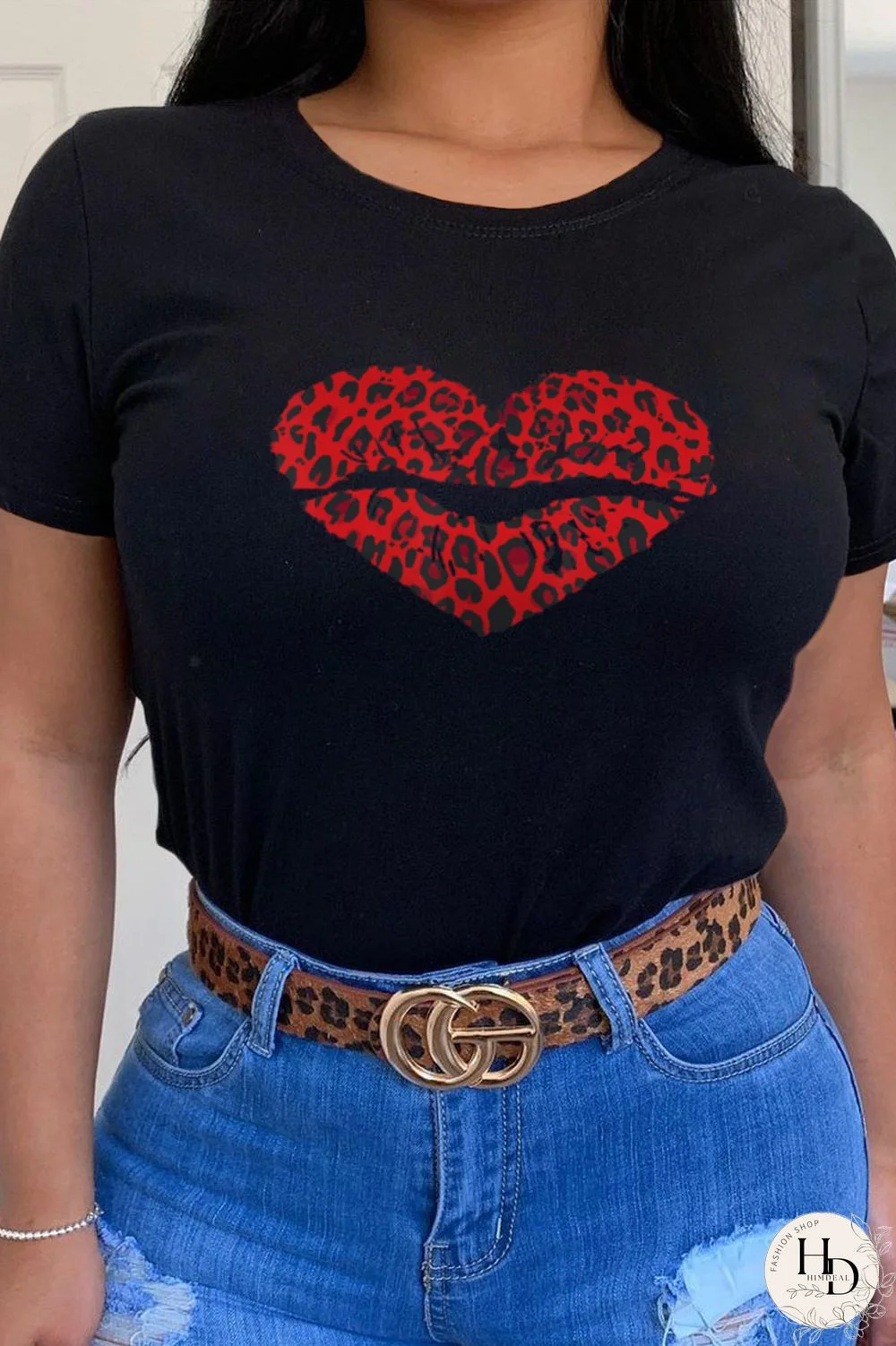 Black Casual Street Leopard Patchwork O Neck T-Shirts