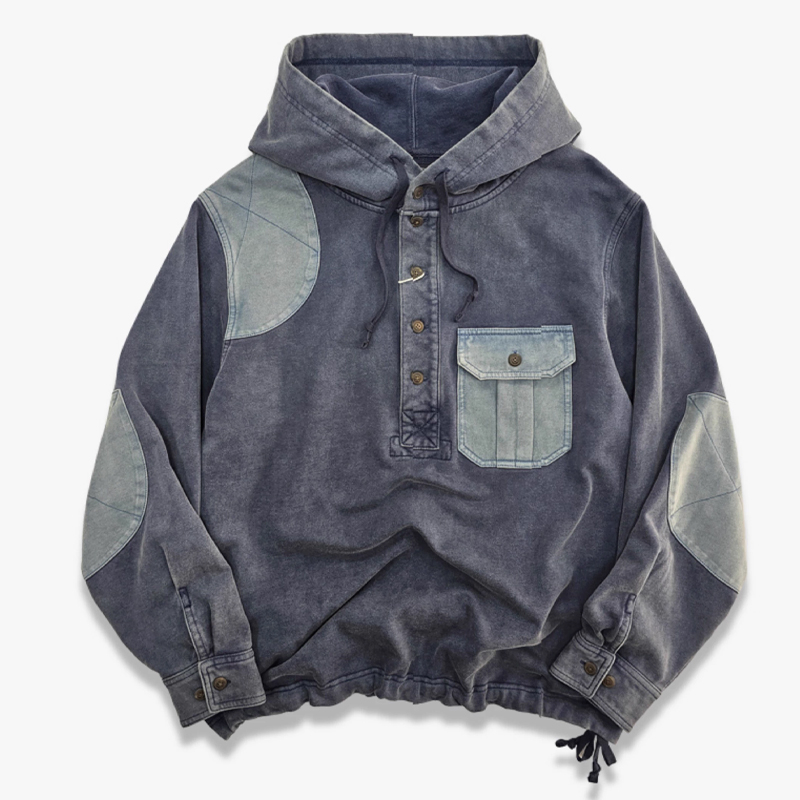Men's Vintage Cotton Washed Distressed Henley Collar Loose Hooded Sweatshirt