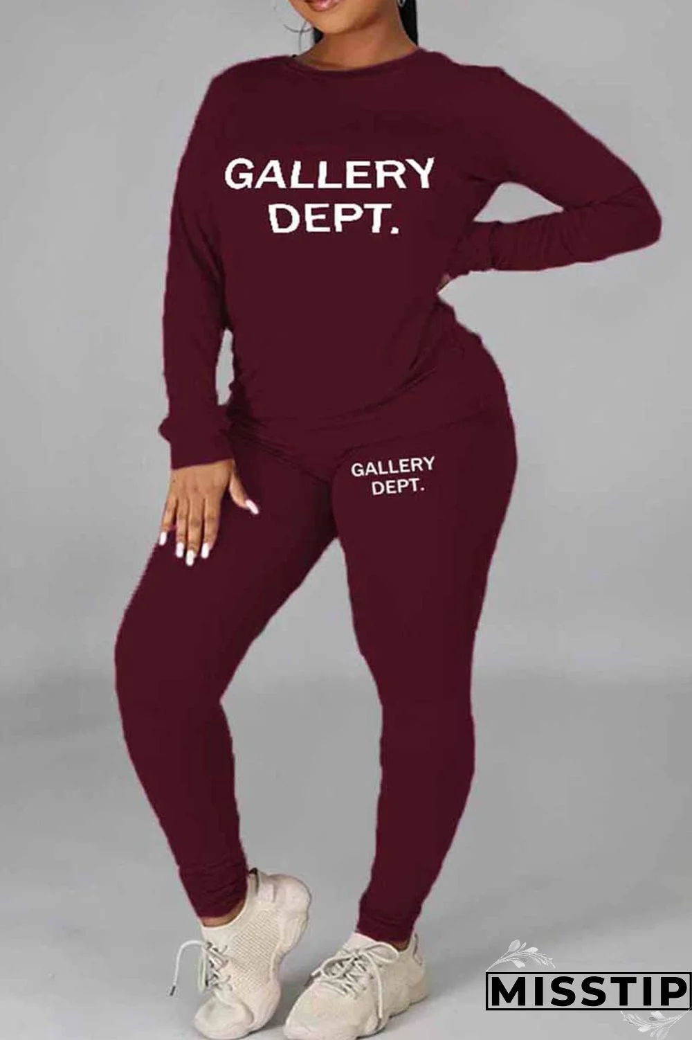 Burgundy Casual Print Letter O Neck Plus Size Two Pieces