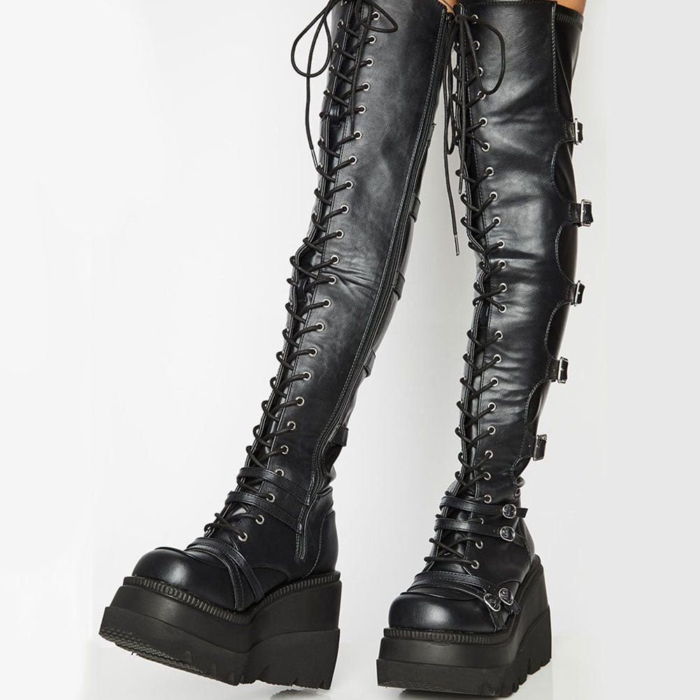 Brand Design Big Size 43 Shoelaces Cosplay Motorcycles Boots Buckles Platform Wedges High Heels Thigh High Boots Women Shoes