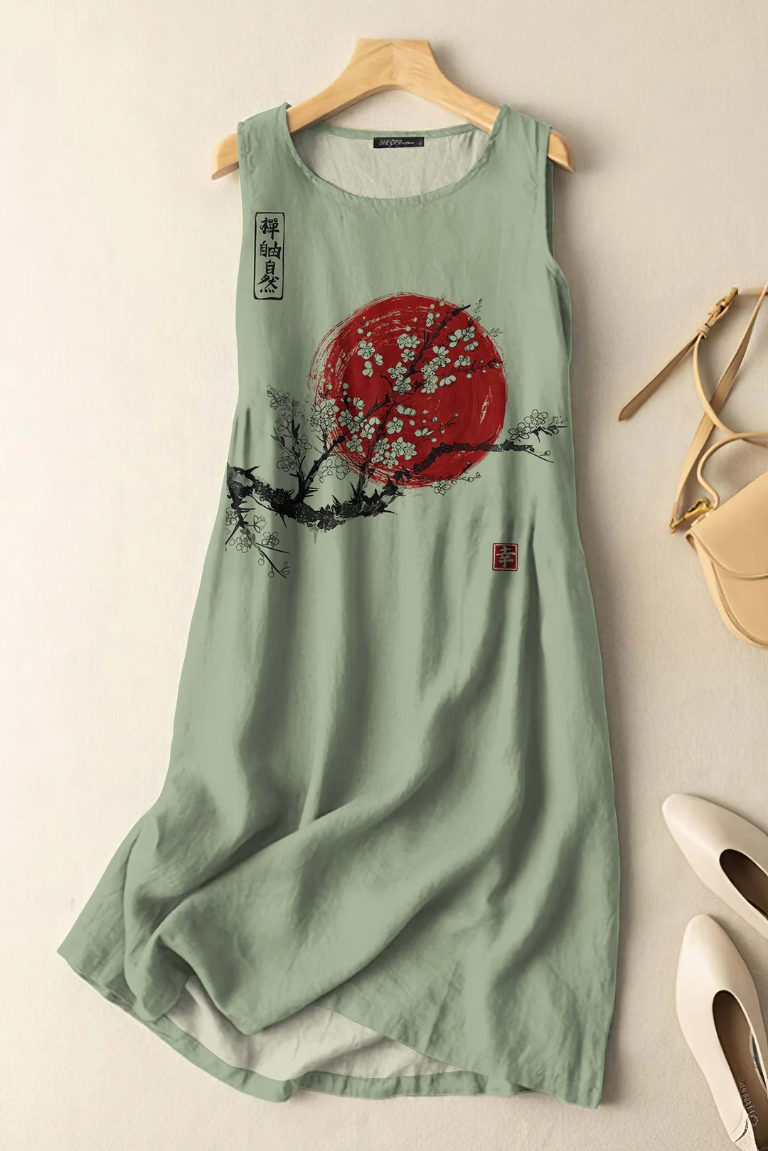 Vintage Japanese Ink Flower Sunrise Art Print Sleeveless Cotton And Linen Midi Dress