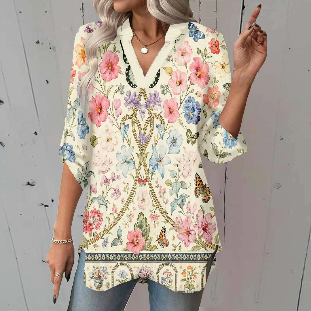 Women Floral, Butterfly, Pink, Blue DZGA0154 3/4 Sleeve V-neck Printed Graphic Button Tops