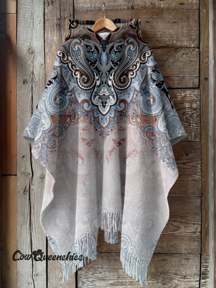 Women’s Paisley Print Casual Knitted Blanket Poncho Hood Cape Multicolor / Onesize