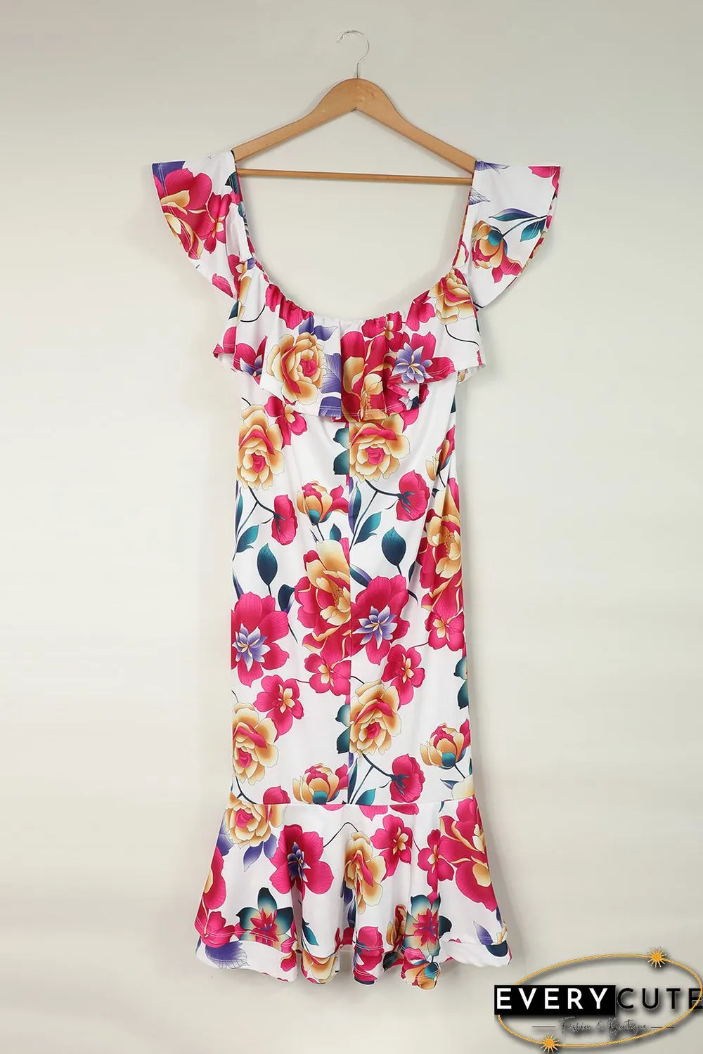 White Off-the-shoulder Floral Mermaid Plus Size Dress