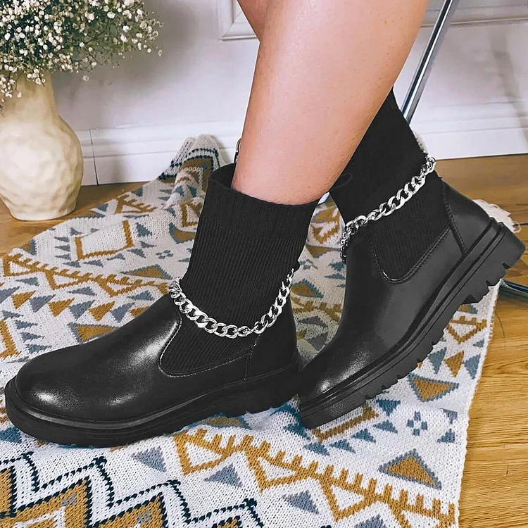 Black Stretch Low Heel Sock Booties Pull on Ankle Boots