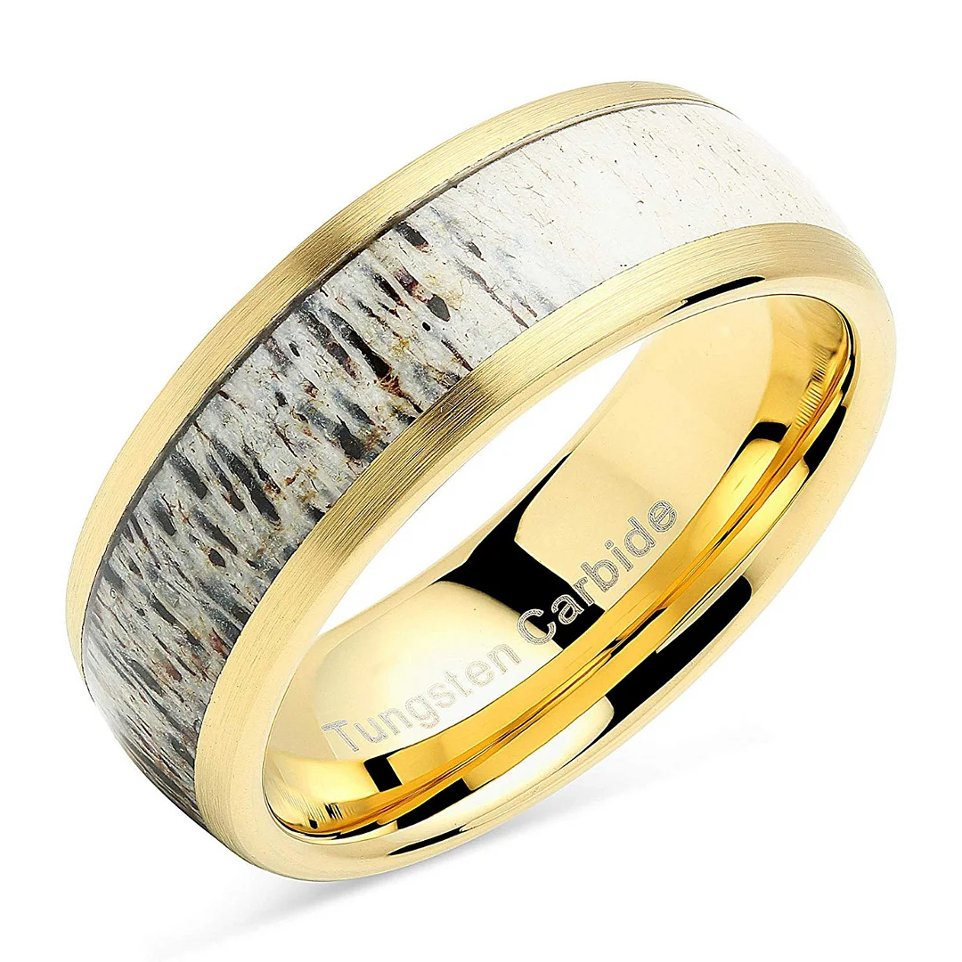 8MM Men Women Tungsten Matching Rings for Couple Gold Wedding Antler Inlaid Dome Edge Matte Finish