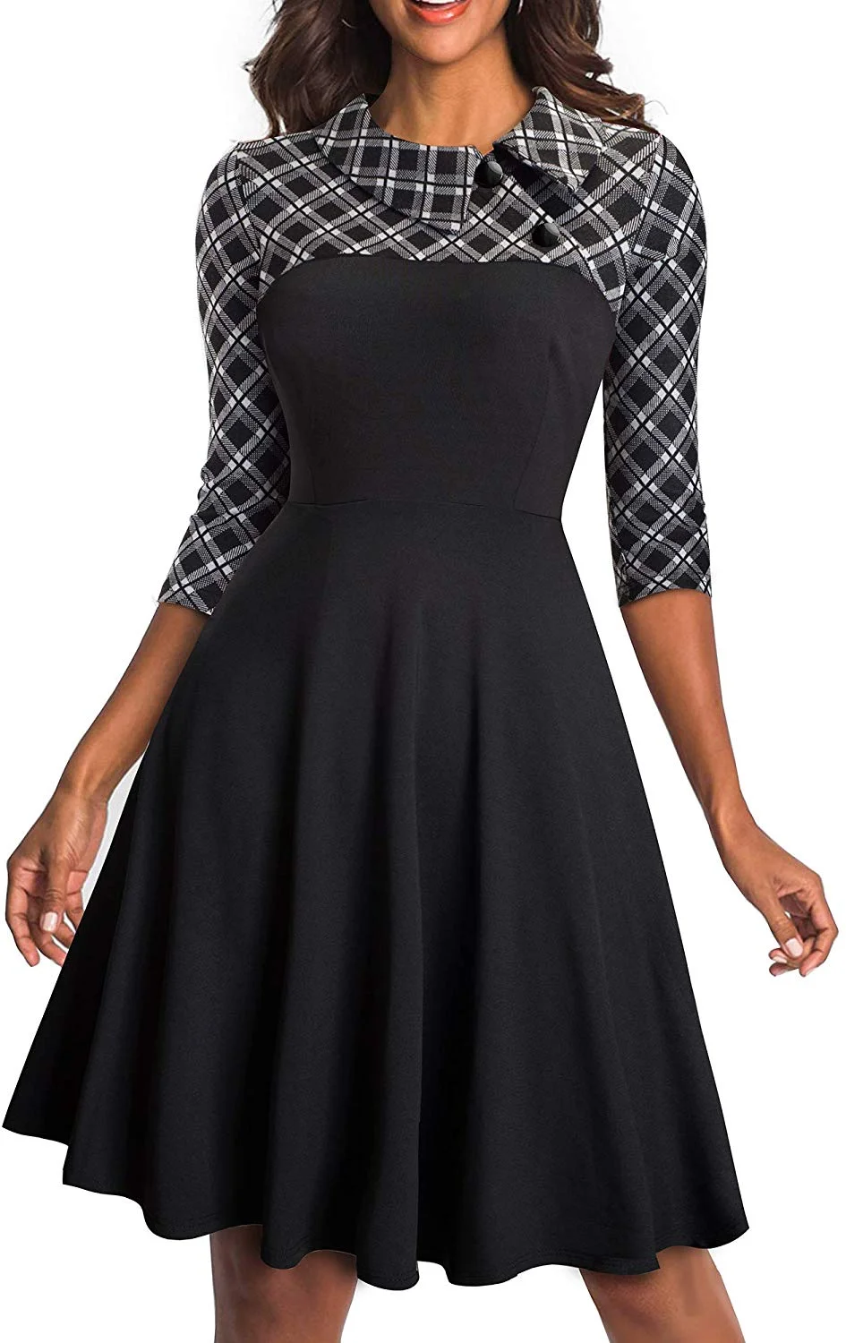 Women's Lapel 3/4 Sleeve Church Aline Colorblock Work Dress A121