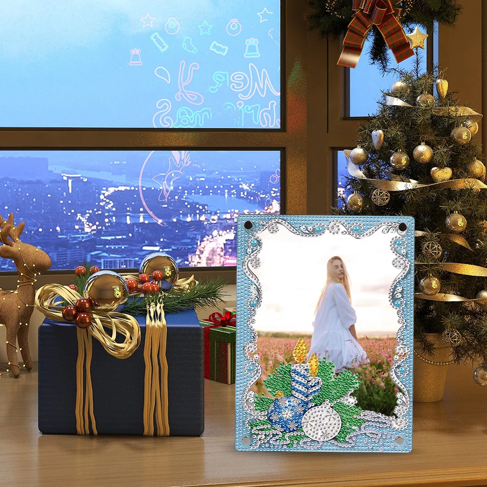 5D DIY Christmas Blue Floral Special Shape Diamond Painting Photo Frame Home Decor