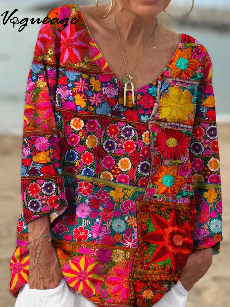 Bright And Colorful Flowers 3/4 Sleeves Printed Cotton And Linen Shirt