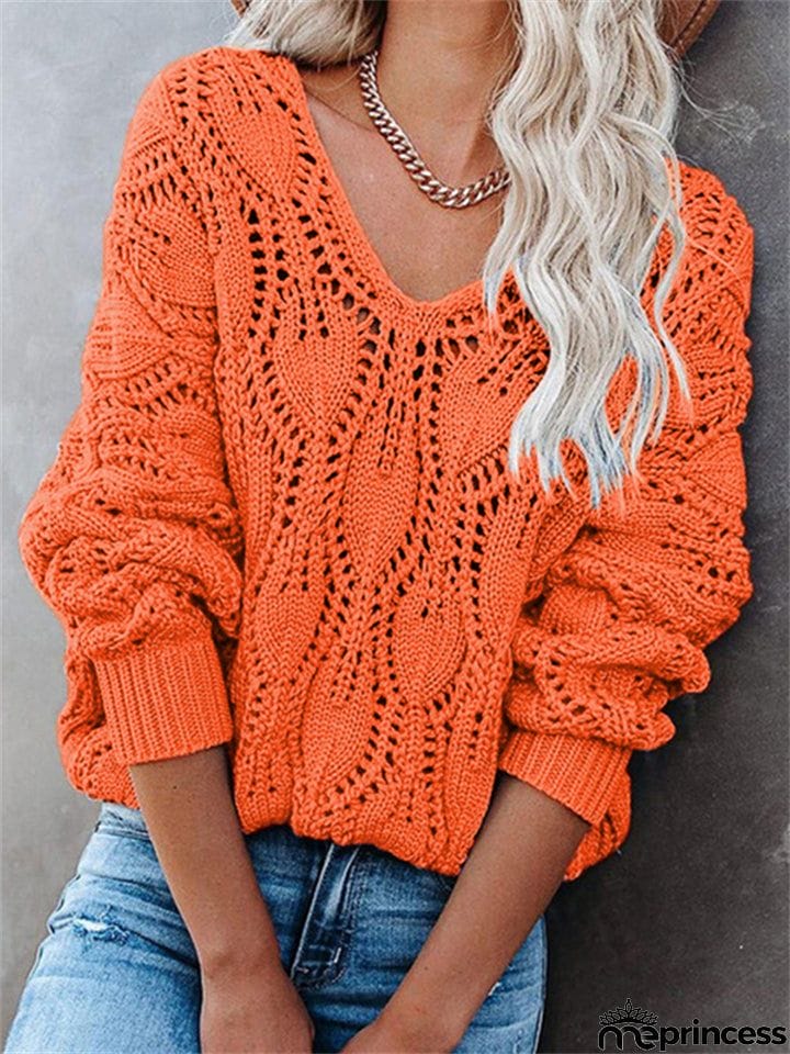 Fashion Hollow Design Casual Solid Color V-Neck Knitted Pullover Sweater