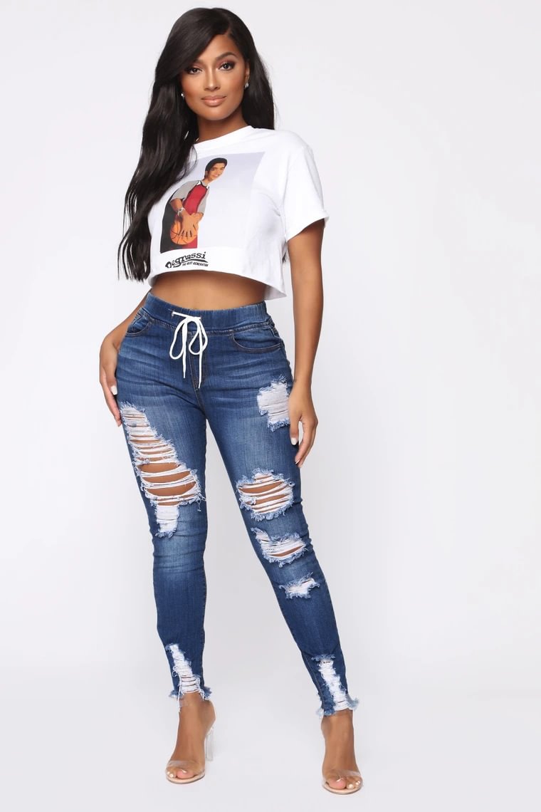 Women's Skinny Hip Raise Stretch Ripped Jeans Street Hipster