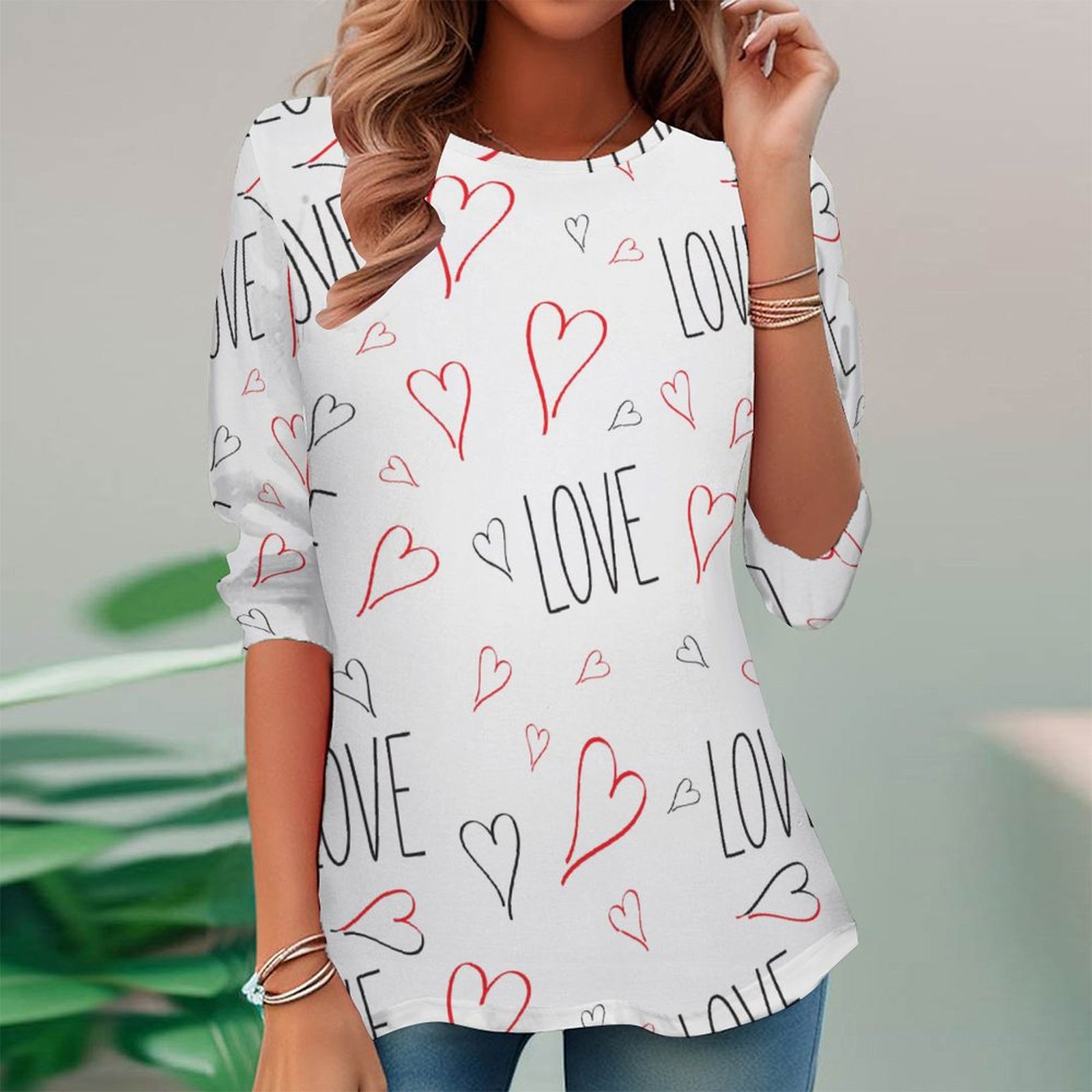 Women Long Sleeve V-neck Graphic Floral Printed Top
