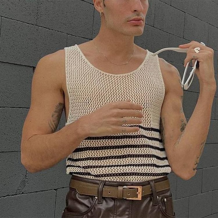 Striped Mesh See Through Streetwear Casual Sleeveless Men's Tank Tops 