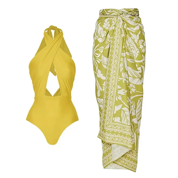 Halter Cutout One Piece Swimsuit and Sarong Flaxmaker 
