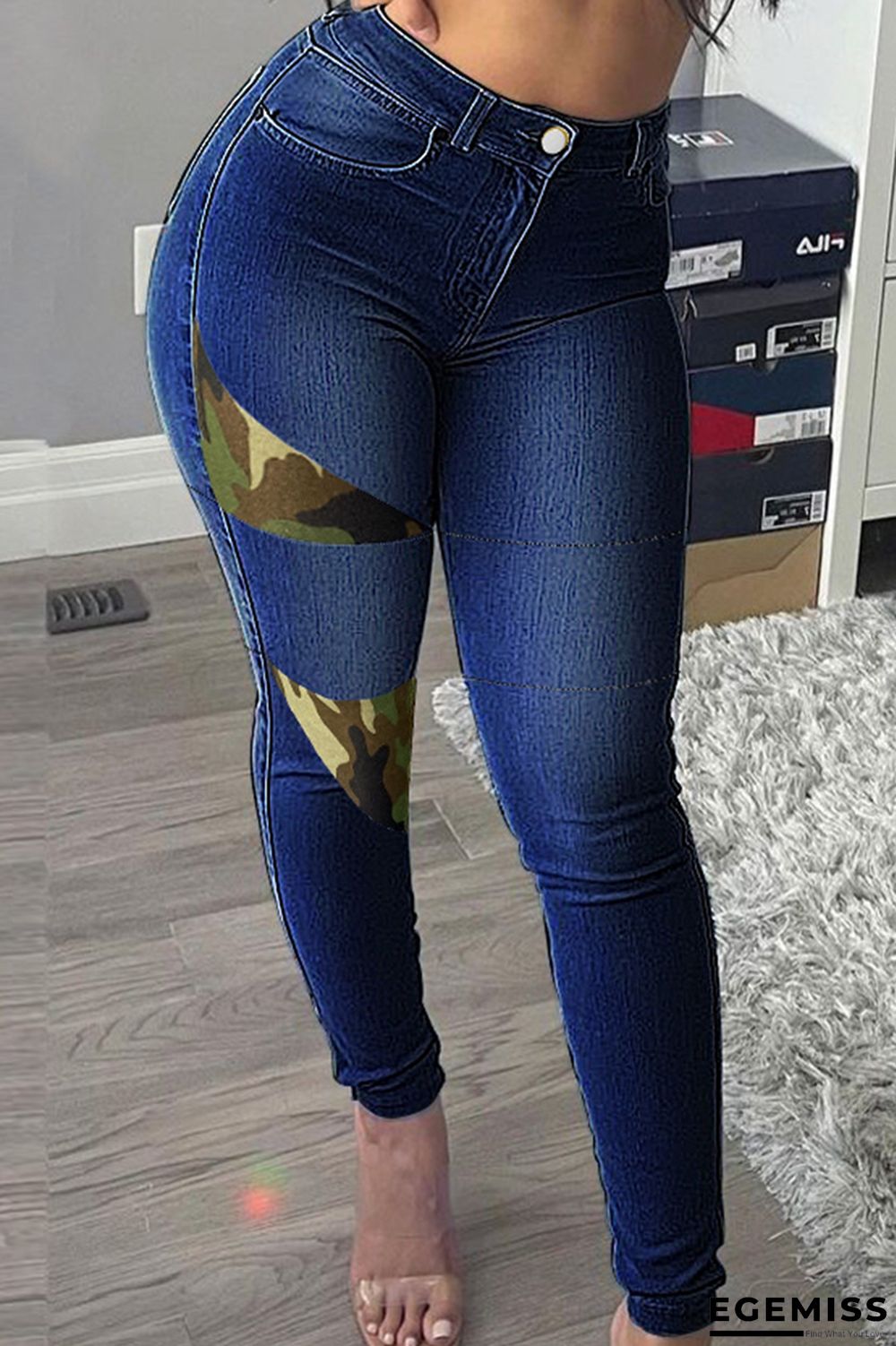 Deep Blue Fashion Casual Butterfly Print Patchwork High Waist Skinny Denim Jeans | EGEMISS