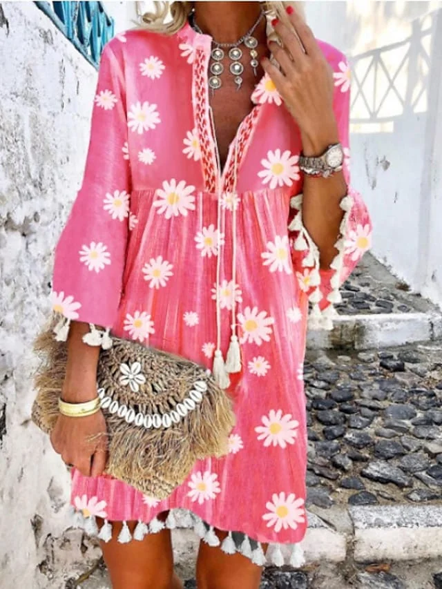 Women's A Line Dress Knee Length Dress Blushing Pink 3/4 Length Sleeve Print Print Summer V Neck Hot Casual Boho 2021 S M L XL XXL 3XL 4XL