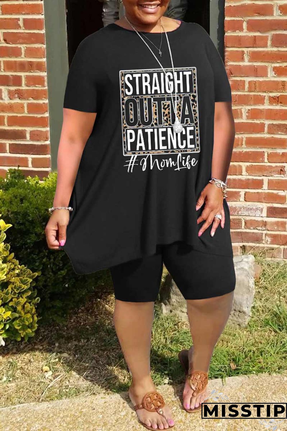 Black Casual Print Patchwork O Neck Plus Size Two Pieces