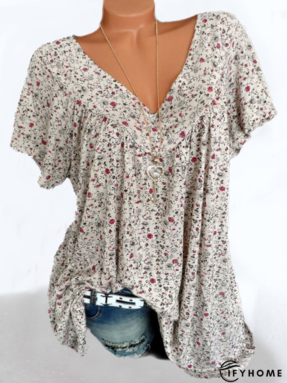 Casual V Neck Floral Short Sleeve Top | IFYHOME