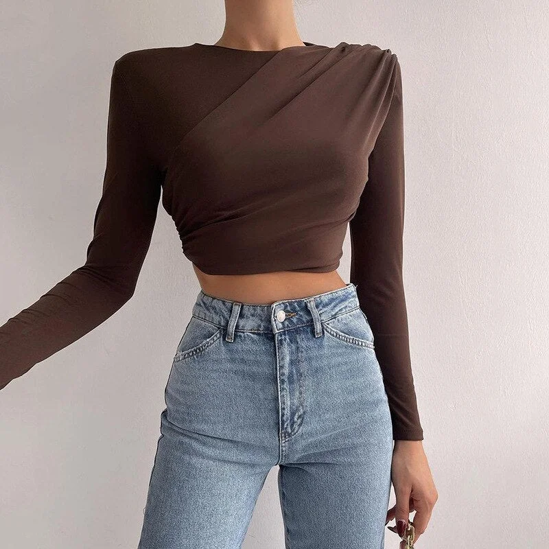 Tawnie 2022 Women V Neck Long Sleeve T Shirt with Shoulder Pads Green Sexy Elegant Autumn Winter Ruched Top Tshirts Casual Brown