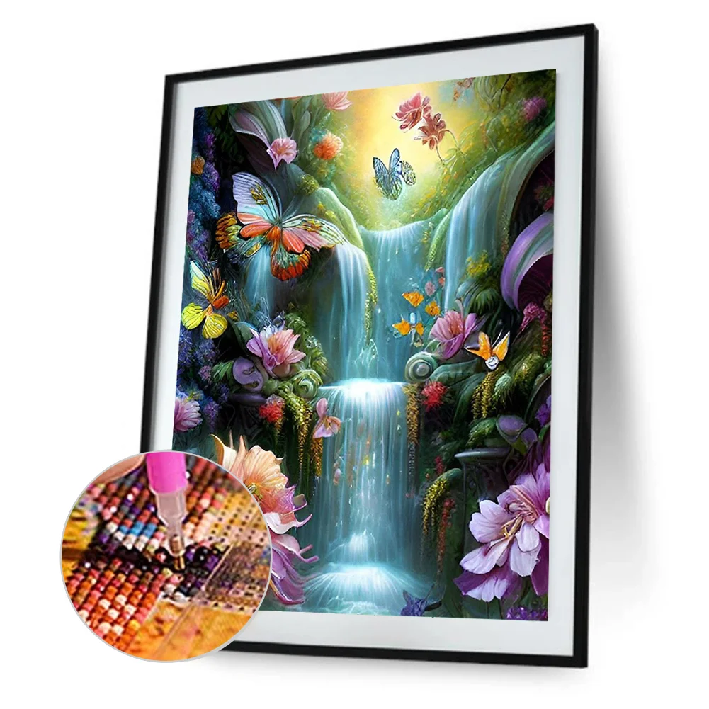 Diamond Painting - Full Round Drill - Flower Butterfly Waterfall(30*40cm)